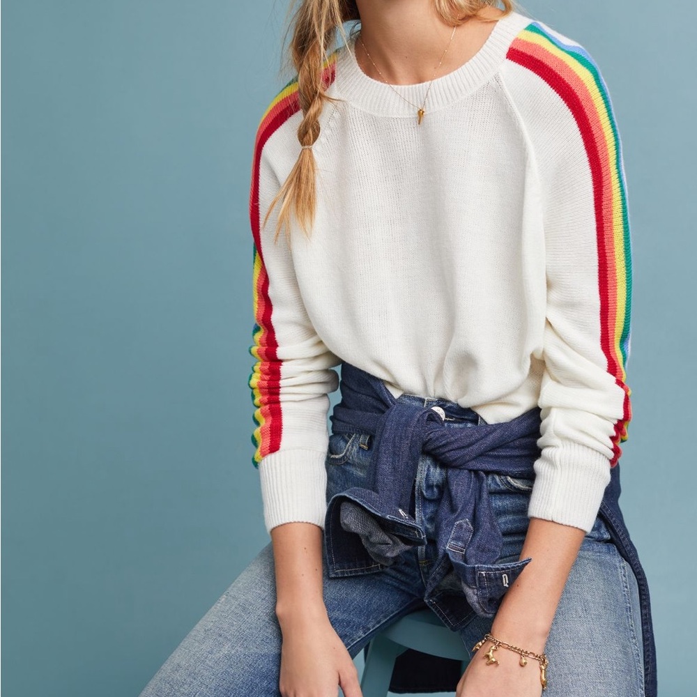 Anthropologie moth white rainbow striped pullover sweater medium